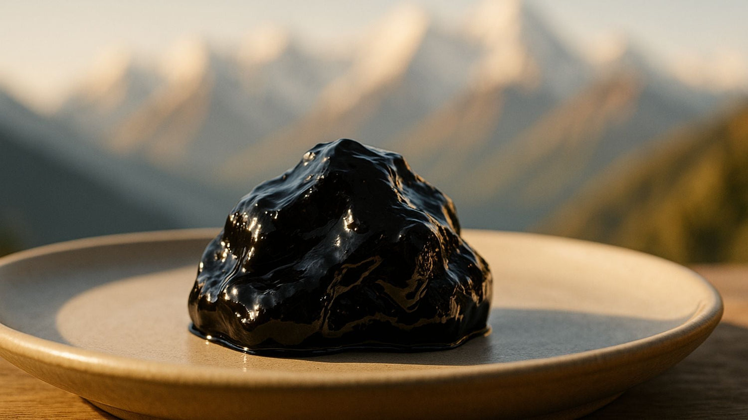 Glänzendes Shilajit-Harz auf Keramikschale mit Himalaya-Hintergrund, steht für Reinheit und Qualität