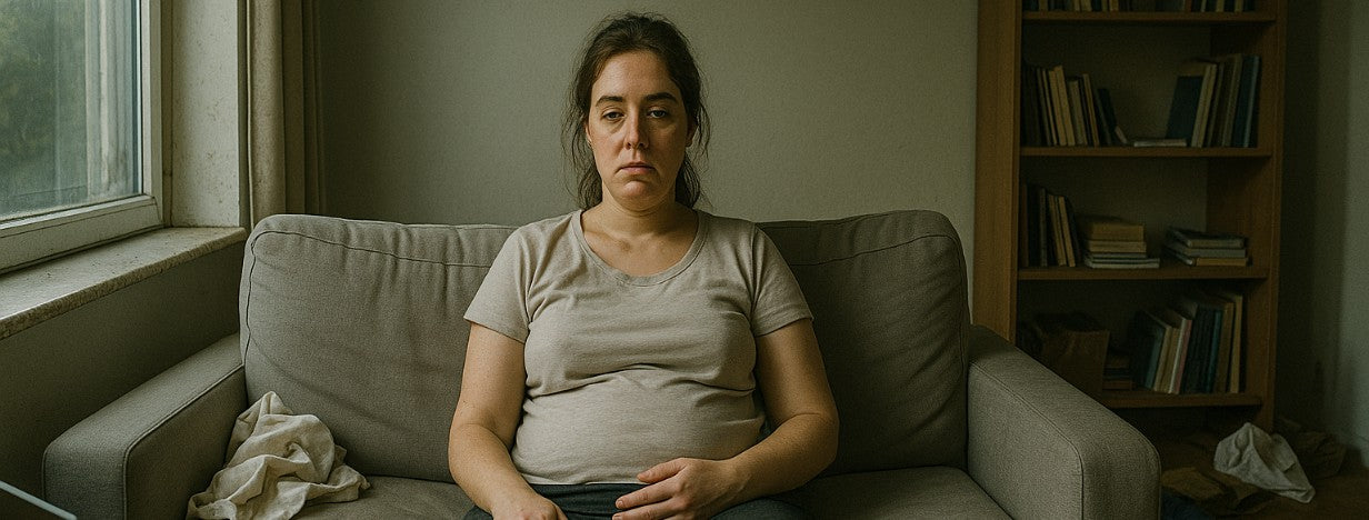 Eine Frau sitzt auf einem Sofa und sieht müde aus.