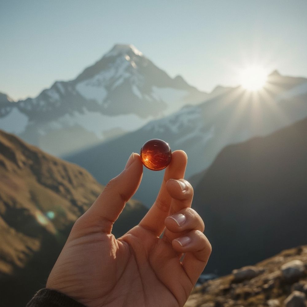 Ein Shilajit Gummie von Sourvita wird in der Hand gehalten.