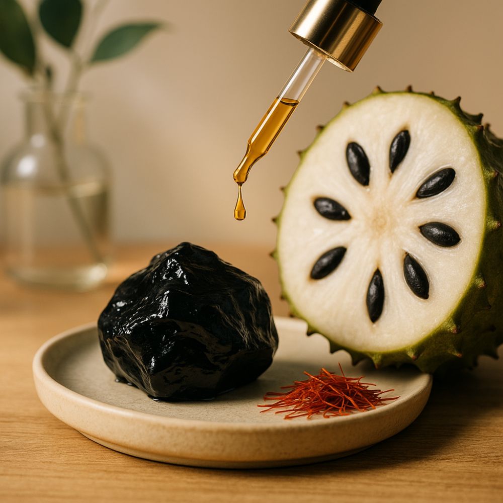 Sourvita Soursop Shilajit mit Safran und Honigtropfen – natürliche Premium-Zutaten für Supplements