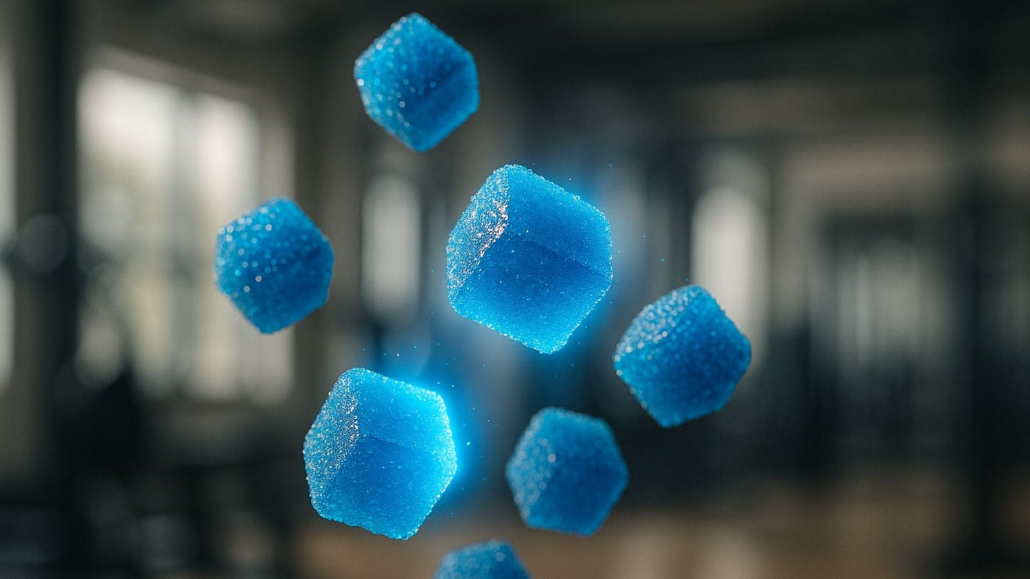 Blaue Creatine Gummies in dynamischer Bewegung, symbolisieren Energie und Kraft im Sport