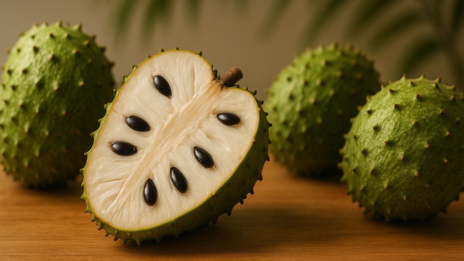 Aufgeschnittene Soursop (Graviola) Frucht mit weißem Fruchtfleisch und schwarzen Kernen auf Holztisch, umgeben von ganzen Früchten.