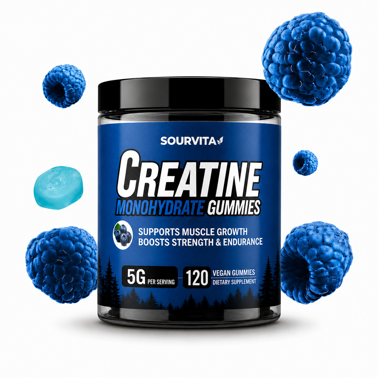 Sourvita Creatine Monohydrate Gummies Verpackung, Blue Raspberry, 120 vegane Gummies