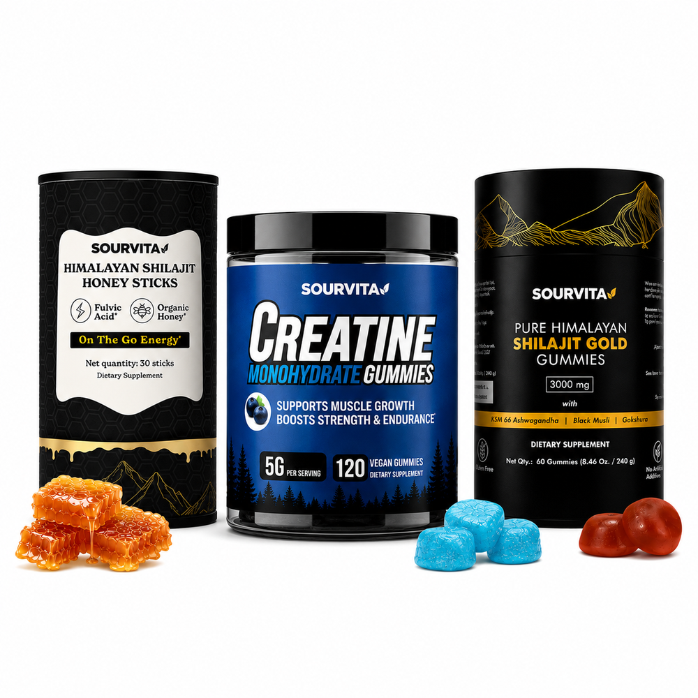 Sourvita Creatine Gummies, Shilajit Gold Gummies und Shilajit Honey Sticks