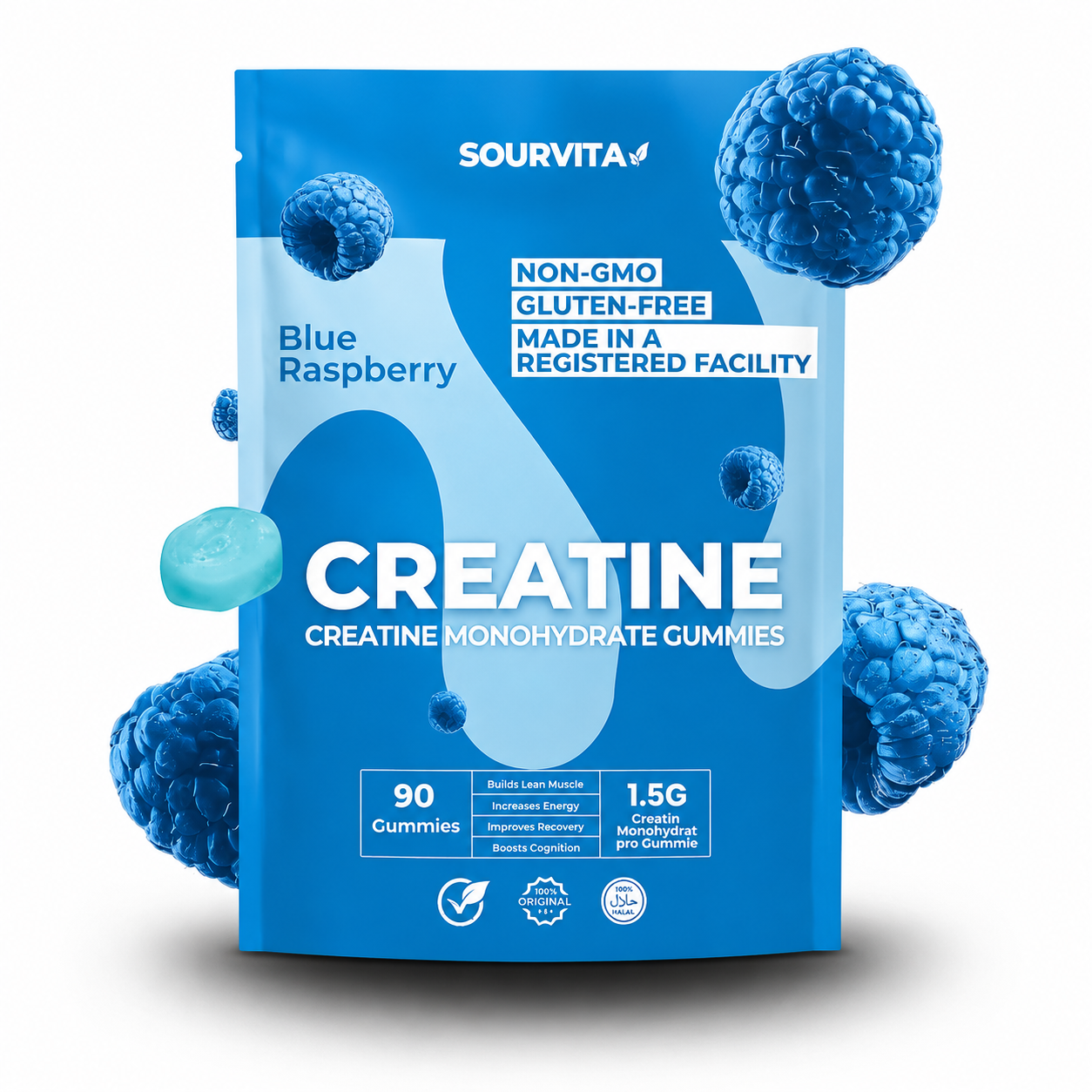 Sourvita Creatine Gummies Verpackung, Blue Raspberry Geschmack, veganes Creatin-Monohydrat