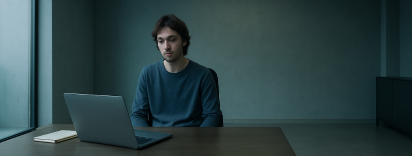 Eine Person sieht Müde aus und sitzt vor dem Laptop.