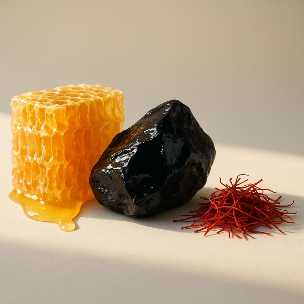 Shilajit, Honig und Safran.